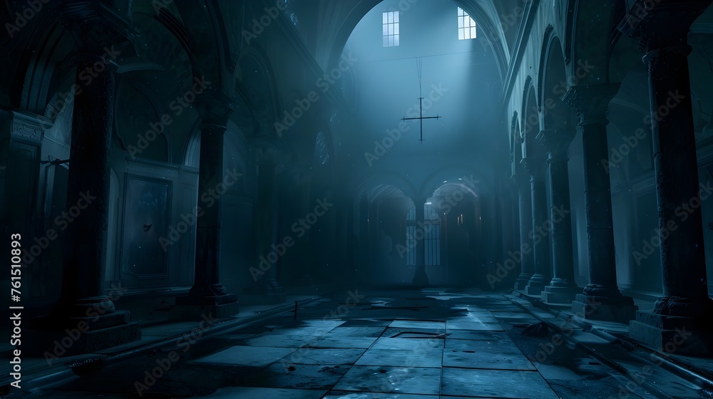Mysterious church interior with fog and cross - A moody, atmospheric shot of an abandoned church interior, with fog highlighting a suspended cross