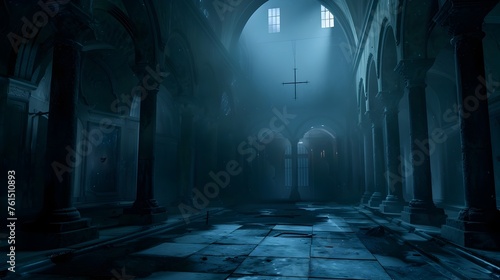 Mysterious church interior with fog and cross - A moody, atmospheric shot of an abandoned church interior, with fog highlighting a suspended cross