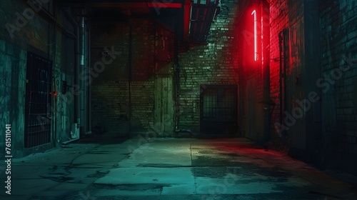 Neon lights in an eerie alley at night - A mysterious night scene in a desolate alley illuminated by a neon sign, casting eerie shadows