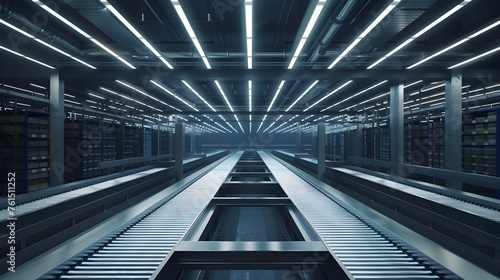 Modern data center with endless server racks - An immaculate data center with rows of high-tech servers indicating advanced computing and data storage
