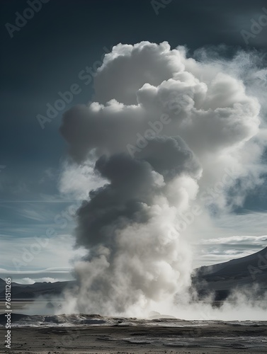 Erupting geyser under blue skies - An enchanting image showcasing the eruption of a geyser, stretching high into the blue sky, surrounded by a tranquil landscape