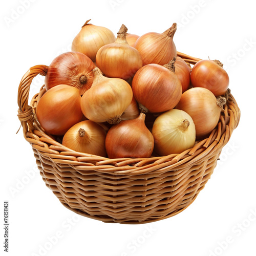 Fresh onions in a basket isolated on Transparent background.