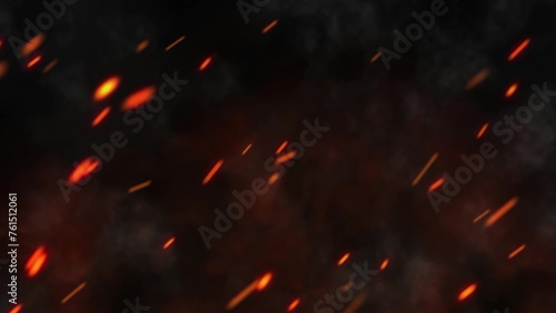 Flying Embers from fire. Closeup of burning hot bonfire fire sparks. Fire Particles over black background with smoke. 3d illustration