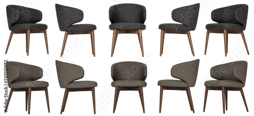 Modern and luxury brown and black chair set  with  wood legs isolated on white background. Furniture Collection.   © ceren