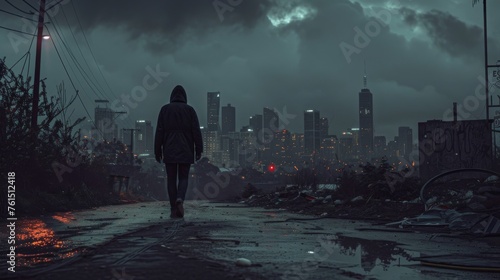 An ominous image portraying the onset of a recession, with a darkened skyline and a solitary figure walking amidst deserted streets. Model aged 30-45, male, symbolizing economic downturn.