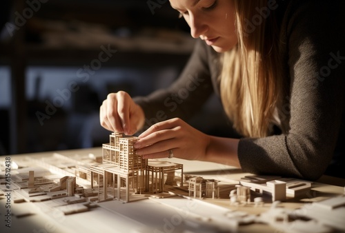 A female architect is working on an architectural model of her design. she uses natural materials such as wood or paper to create details. A closeup shot focuses on the architectural model
