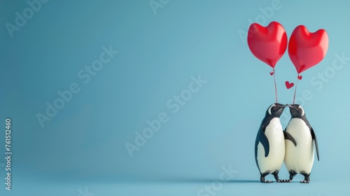 photograph of Illustration of penguins in love with heart-shaped balloons on a blue background wide angle lens realistic lighting --ar 16:9 Job ID: 3c77012d-5cde-467c-b80a-15ffea75db3e