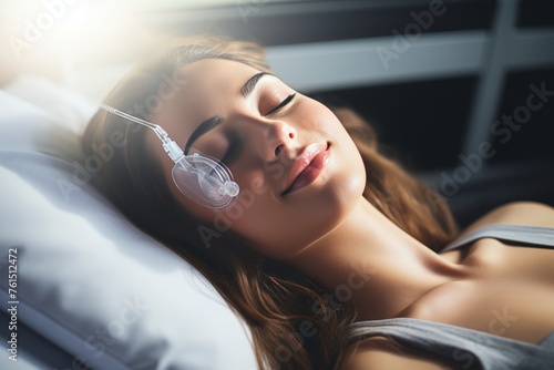 Young girl in hospital bed with oxygen mask, recuperating from illness, peaceful sleep photo