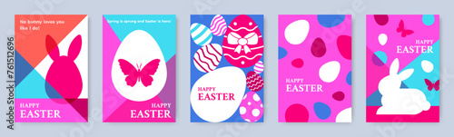Easter eggs posters. Cute bunny abstract greeting card design. Egg with geometrical pattern. Spring holiday background. Bright colors. Party invitation. Vector cartoon flat isolated illustration