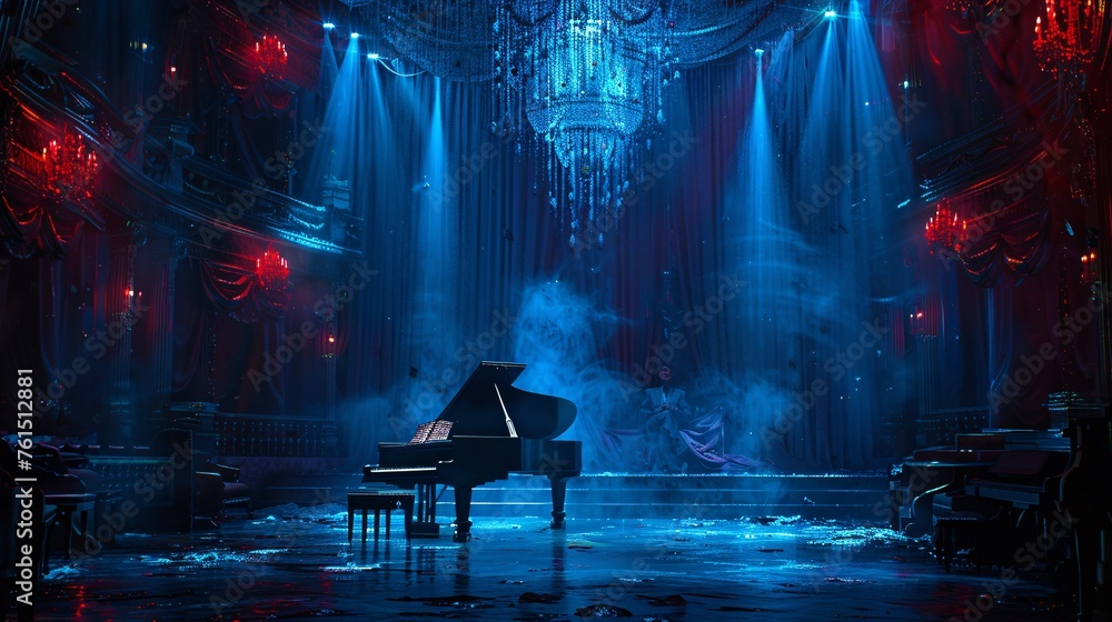 Envision a dramatic setting with rich cinematic colors enveloping the space, highlighted by intricate blue stage lighting and cascading ropes overhead. Amidst it all, a solitary figure sits, singing p - obrazy, fototapety, plakaty 