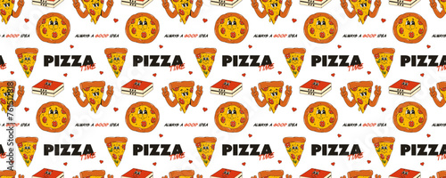 Seamless pattern with pizza. Can be used for pizza delivery boxes, wrapping paper, and more. Trendy retro groovy 70s-80s style.