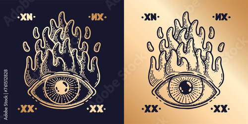 Fire eye. Tarot hell card. Vintage gold magic gypsy tattoo. Mystic spiritual logo. Ethnic Boho art. Bohemian reader. Prosperity talisman icon. Eyeball in flame. Vector sacred elements set