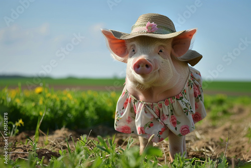 illustration of a little pig in a dress and straw hat in field photo