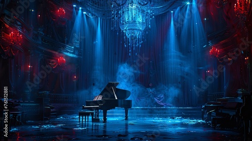 Envision a dramatic setting with rich cinematic colors enveloping the space, highlighted by intricate blue stage lighting and cascading ropes overhead. Amidst it all, a solitary figure sits, singing p photo