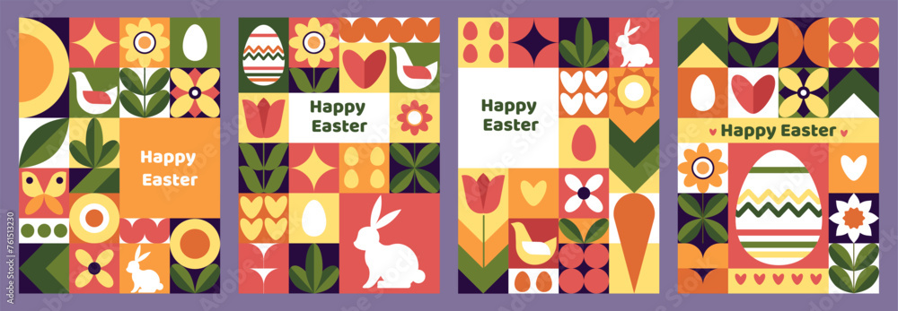 Easter greeting cards. Spring holiday. Rabbit and egg geometric icons. Bunny with carrot. Springtime flowers. Animals and plants. Square collage. Mosaic patterns. Vector happy posters set Easter greeting cards. Spring holiday. Rabbit and egg geometric icons. Bunny with carrot. Springtime flowers. Animals and plants. Square collage. Mosaic patterns. Vector happy posters set