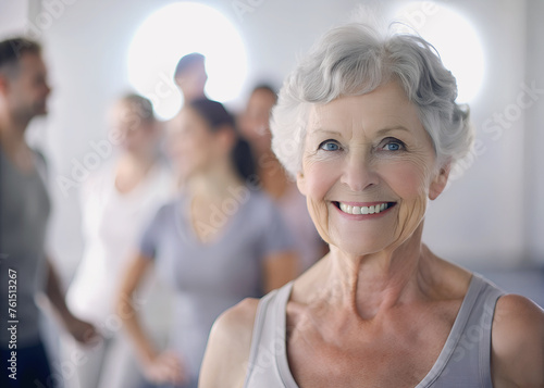Mujer mayor en clase de yoga. Persona de edad avanzada haciendo ejercicio. Concepto de salud y bienestar.  photo