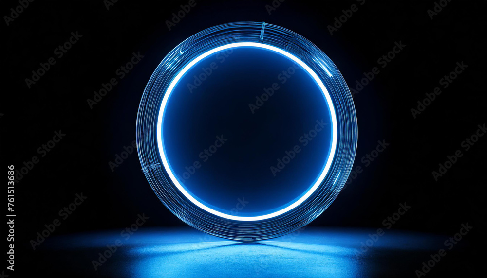 Futuristic neon blue round frame. 3D rendering. Isolated on black background. Abstract design.