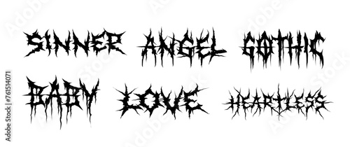 Grunge style dark lettering with Gothic print designs of Sinner, Angel, Gothic, Love, Baby. Y2k Ghotic tattoo font concept for apparel print design. Rock n Roll style lettering