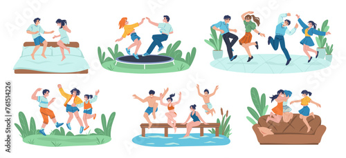 Active family. Happy parents with children. Funny dad and mom jumping on bed. Bounce on trampoline. Mother falling into water. Joyful lesbian woman on sofa. Laughing people vector set