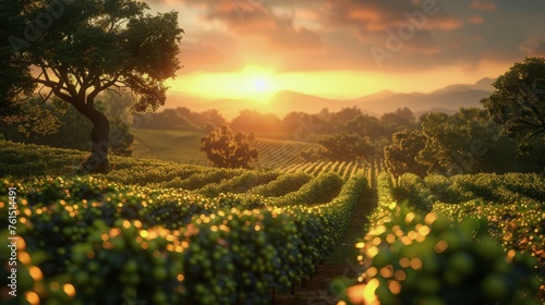 Sun Setting Over Field of Crops