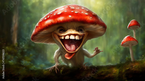 Fly agaric in the forest. Fantastic creepy mushroom with open mouth. photo