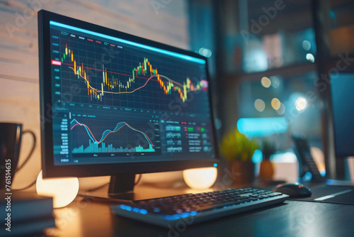 Stock market trading platform charts exchange graphs on pc computer screen. Financial technology online investment data digital money prices indexes crypto analysis and forecast background.