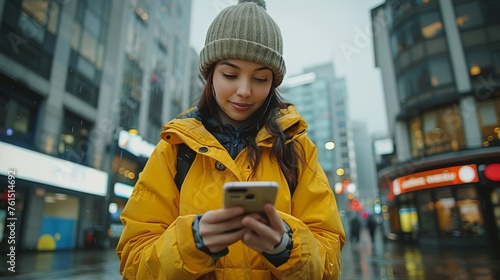 Woman in Yellow Jacket Looking at Cell Phone