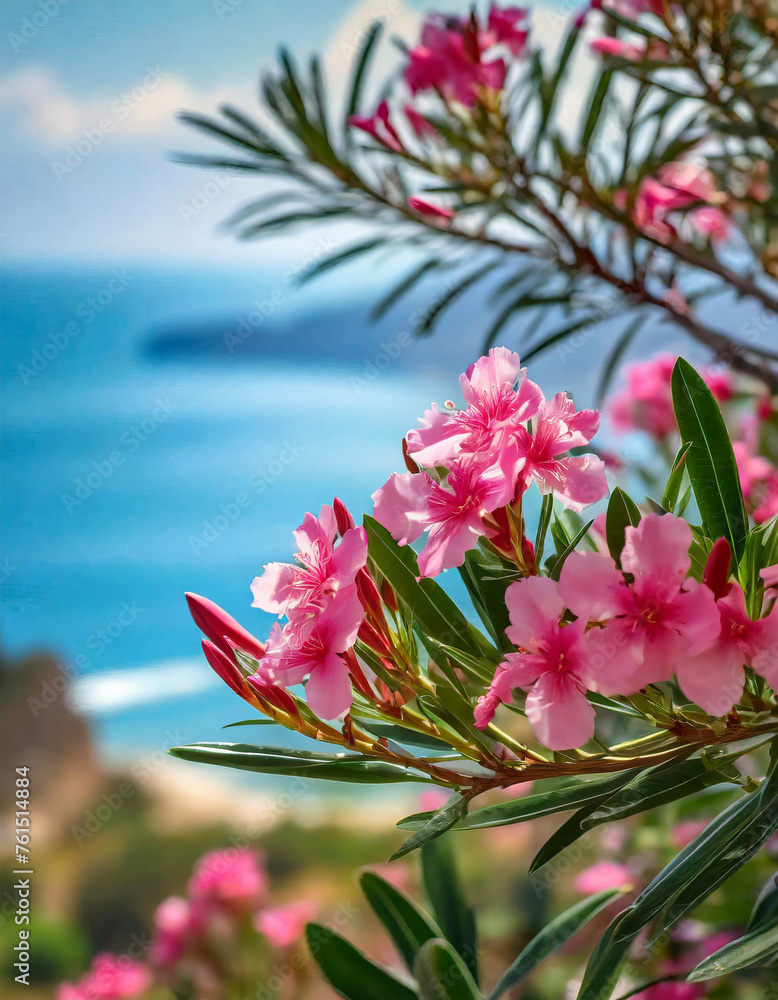 Piękne kwitnące kwiaty Oleandrów nad brzegiem morza, wakacje. Tapeta, dekoracja. Generative AI - obrazy, fototapety, plakaty 