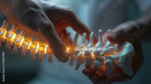 Chiropractor's hand demonstrating adjustment technique on spine poster.