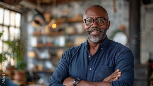 Confident Man in Blue Shirt and Glasses Standing With Arms Crossed