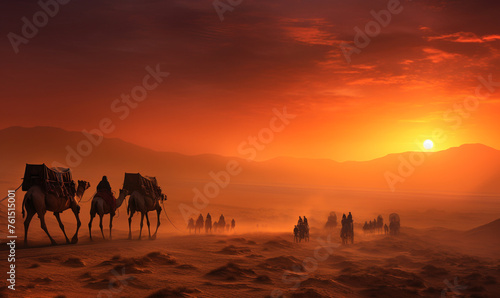 A caravan sets out across the vast desert, the sky ablaze with hues of orange and pink as camels tread through the golden sands