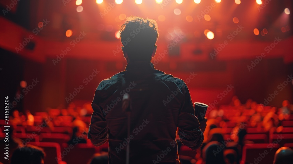 A man gives a speech while holding a trophy on stage. A man gives a speech while holding a trophy on stage.