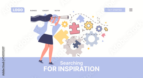 Woman looks into distance through spyglass. Creative or educational process. Concept of imagination, searching for inspiration, generating ideas, starting startup. Vector illustration Template, websit