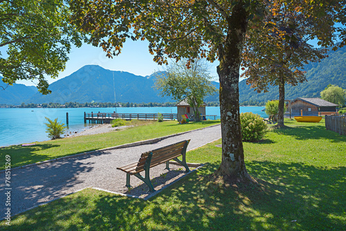 recreational area Abwinkl, lake Tegernsee with bathing lawn and ship dock