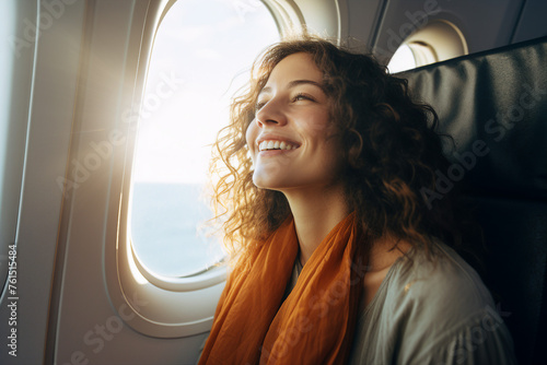 AI generated image of charming relaxed woman enjoying flight comfortable airplane photo