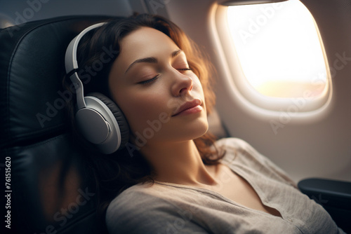 AI generated image of charming relaxed woman enjoying flight comfortable airplane © deagreez