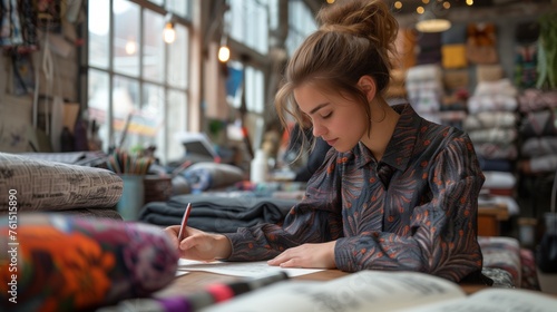 A fashion designer sketching new designs in a chic studio  inspired by the latest trends and fabrics.