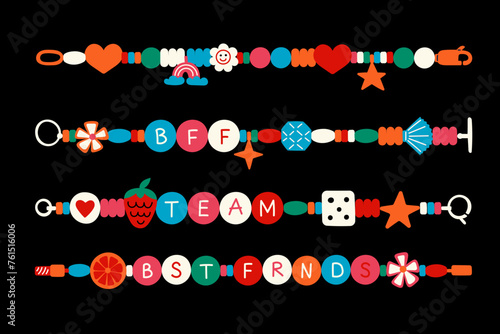 Friends bracelets. Necklace bead. Friendship kid handmade jewel. Retro doodle colorful kids art. Plastic braids. Craft hobby. Love hearts and letters. Vector cartoon hand accessories set