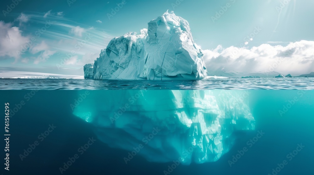 surface and underwater sides of an iceberg floating in the antarctic sea