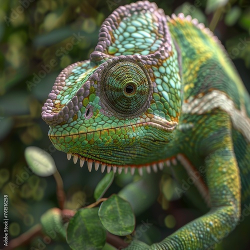 close up of a green chameleon