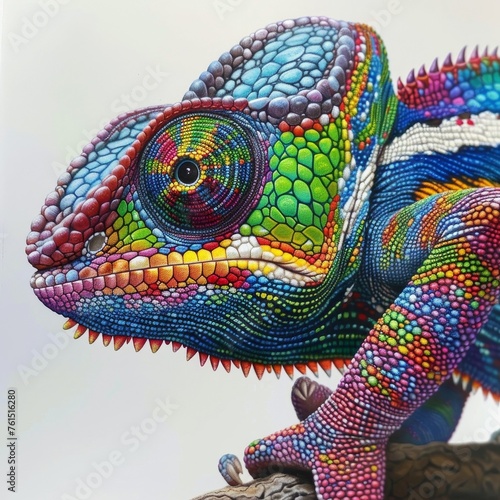 exotic multicolored chameleon on a brench photo