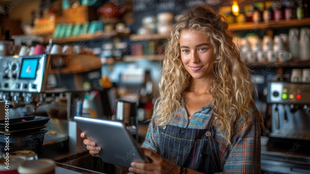 Woman Holding Tablet at Counter