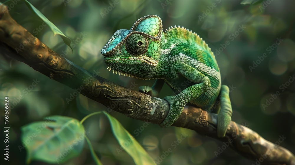 close up green chameleon on a tree brench close up green chameleon on a tree brench