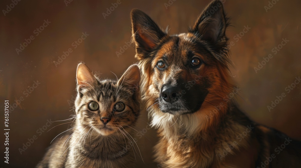 Cute kitten and dog together in studio on brown background, Cute kitten and dog together in studio on brown background,