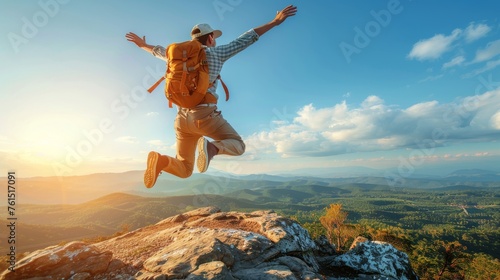 Man Jumping on Top of Mountain