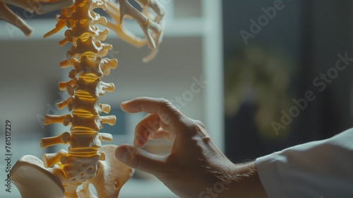 Close-up of therapist pointing to specific area of spine for patient education.