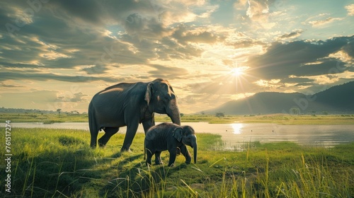 Mother elephant with her calf walking through