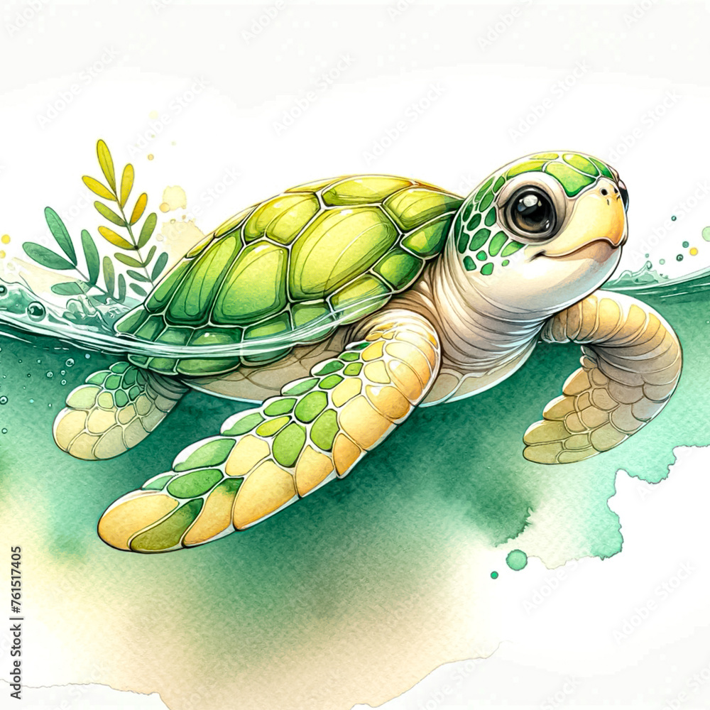 Fototapeta premium An illustration of a Soft-shell cute turtle gliding through the water, rendered in watercolor style.