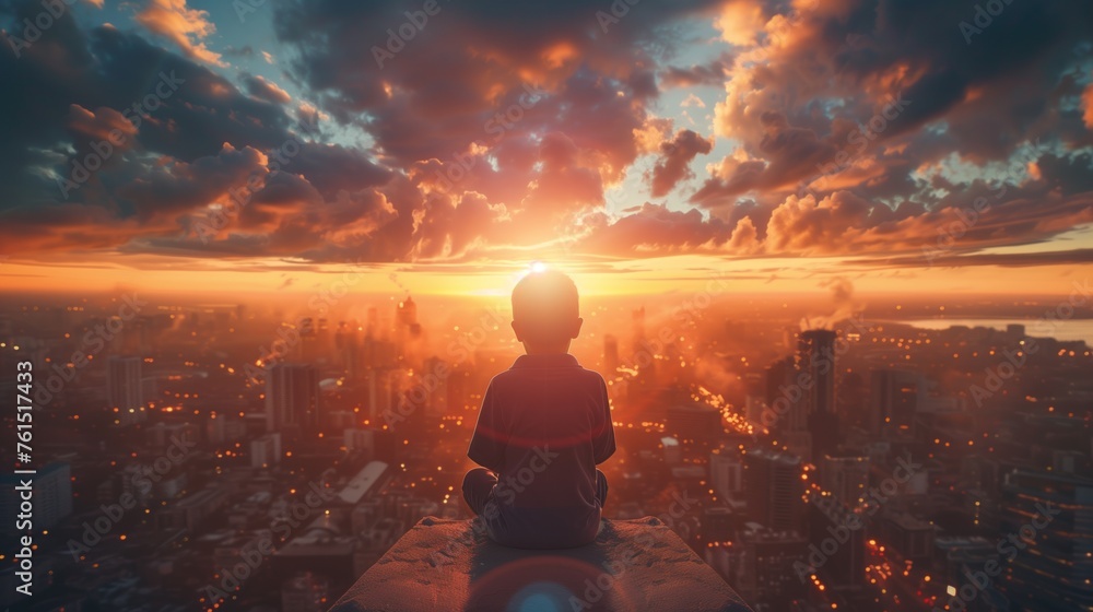 Kid sit meditation in the sunset on rooftop, in front of is city landscape view - obrazy, fototapety, plakaty 