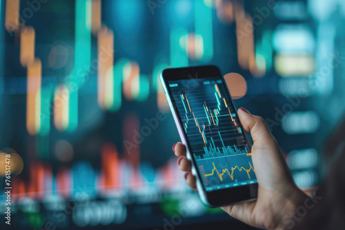 Stock trading investor, trader or broker using crypto exchange platform app on smartphone analysing exchange market chart investing money in financial market on mobile screen with cell phone in hands.